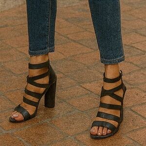 What For Brand Black Leather Strappy Block Heel Sandals Size 37 (US 7)